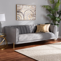 Baxton Studio 5016D-Grey Velvet-Sofa Maia Contemporary Glam and Luxe Grey Velvet Fabric Upholstered and Gold Finished Metal Sofan